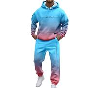 Tuta da jogging da uomo, 2 pezzi, con motivo sfumato, stampa casual, in due pezzi, con cappuccio, in vita elasticizzata, per la tuta, per la casa, per lo streetwear, Azzurro cielo-2., XXL