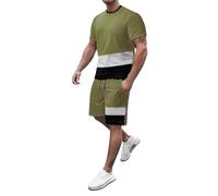 Tuta da jogging da uomo, 2 pezzi, set da 2 pezzi, maglietta e pantaloncini, tuta estiva, traspirante, per il tempo libero, tinta unita, abbigliamento sportivo, #13-verde dell'esercito, L