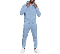 Tuta da jogging da uomo, con cappuccio e pantaloni da jogging, in misto cotone, due pezzi, per il tempo libero, per tutti i giorni, sport, 01-azzurro, XXL