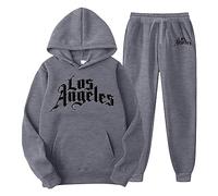 Tuta da jogging da uomo, con stampa Los Angeles, tuta sportiva per il tempo libero, 2 pezzi, per uomo, jogging, in cotone, oversize, sport, fitness, felpa con cappuccio + pantaloni lunghi, grigio