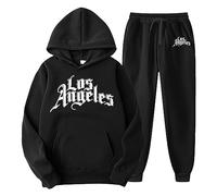 Tuta da jogging da uomo, con stampa Los Angeles, tuta sportiva per il tempo libero, 2 pezzi, per uomo, jogging, in cotone, oversize, sport, fitness, felpa con cappuccio + pantaloni lunghi, Nero , L