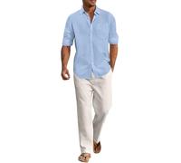 Tuta da jogging da uomo, in lino, per il tempo libero, a maniche lunghe, con bottoni e pantaloni larghi, vestibilità traspirante per yoga, spiaggia o vacanze speciali, Celeste., XXL