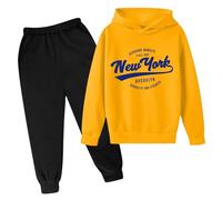 Tuta da jogging per bambini e bambine, New York, set da 2 pezzi, per lo sport, invernale, a maniche lunghe, in cotone, per il tempo libero, con cappuccio e pantaloni da jogging, giallo., 13-14 Jahre