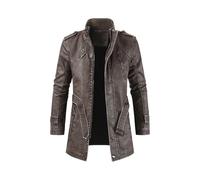 Tuta da moto da uomo, giacca lunga in pelle, slim fit, casual, antivento, giacca in pelle PU, Marrone scuro, L