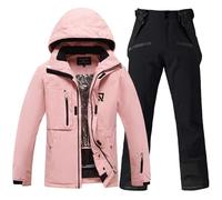 Tuta da neve da donna, giacca da sci e pantaloni da sci con cappuccio rimovibile, 384 rosa + 2021 nero, L