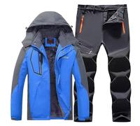Tuta da neve da uomo, in due pezzi, da sci, da uomo, set da 2 pezzi, per attività all'aria aperta, antivento, impermeabile, traspirante, con cappuccio, giacca softshell e pantaloni da neve, Azzurro, L