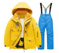 Tuta da neve per bambini, con fodera in pile e cappuccio, per l'inverno, antivento, antivento, giacca da sci, con cappuccio e pantaloni da sci, 2 pezzi, Azzurro cielo., 7 anni