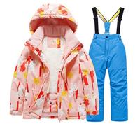 Tuta da neve per bambini, con fodera in pile e cappuccio, per l'inverno, antivento, antivento, giacca da sci, con cappuccio e pantaloni da sci, 2 pezzi, Azzurro cielo1, 5 anni