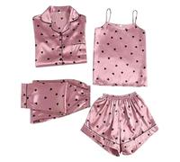 Tuta da notte da donna, estiva, sexy, 4 pezzi, in raso, a maniche lunghe, con pigiama + pantaloni da notte + pantaloncini + biancheria intima Cami Top, Colore: rosa., M