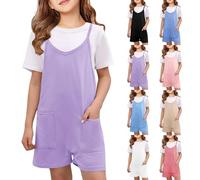 Tuta da ragazza con spalline sottili e tasche, tinta unita, senza maniche, corta, salopette in cotone, tinta unita, casual, alla moda, pagliaccetto da spiaggia, viaggi, vacanze (viola, 11-12 anni)