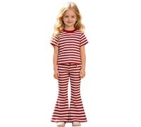 Tuta da ragazza Set da 2 pezzi Activewear maglietta girocollo a maniche corte e fondo svasato vestibilità ampia set carino a righe primavera autunno abiti comodi casual da scuola, Rosso, 9-10 Years