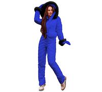 Tuta da sci da donna, tinta unita, tuta intera da sci con fascia in vita, impermeabile, isolata, alla moda, per sci all'aperto, antivento, aderente, con cappuccio in pelliccia sintetica, Blu, S
