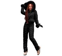 Tuta da sci da donna, tinta unita, tuta intera da sci con fascia in vita, impermeabile, isolata, alla moda, per sci all'aperto, antivento, aderente, con cappuccio in pelliccia sintetica, Nero , M