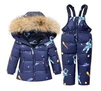 Tuta da sci per bambini con piumino, piumino con cappuccio + pantaloni da sci per neonati e ragazze, tuta da neve, set da sci invernale, 2 pezzi, blu scuro, 3-4 años