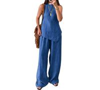 Tuta da sera da donna, elegante, in lino, due pezzi, spalle scoperte, camicia e pantaloni a gamba larga, set da 2 pezzi, taglie grandi, per matrimonio, cocktail, feste, per il tempo libero, O blu