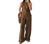 Tuta da sera da donna, elegante, in lino, due pezzi, spalle scoperte, camicia e pantaloni a gamba larga, set da 2 pezzi, taglie grandi, per matrimonio, cocktail, feste, per il tempo libero, O caffè