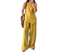 Tuta da sera da donna, elegante, in lino, due pezzi, spalle scoperte, camicia e pantaloni a gamba larga, set da 2 pezzi, taglie grandi, per matrimonio, cocktail, feste, per il tempo libero, O giallo
