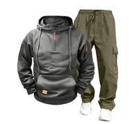 Tuta da uomo a maniche lunghe, con cappuccio e pantaloni cargo, con zip a quarto e pantaloni cargo, set casual da 2 pezzi, abbigliamento sportivo alla moda, abbigliamento sportivo da allenamento