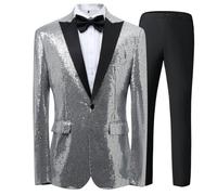 Tuta da uomo con glitter con paillettes, smoking, 2 pezzi, oro casual, business, stile britannico, blazer, cappotto per feste, balli di fine anno, slim fit, set di pantaloni, argento, 3XL