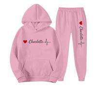 Tuta da uomo con stampa a cuore e polso "Charlotte" anteriore per coppia e San Valentino, felpa con cappuccio + pantaloni da jogging per autunno inverno e città casual, 01-rosa, XL