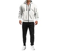 Tuta da uomo con zip intera, felpa con cappuccio, felpa da lavoro, felpa e pantaloni da jogging, set da 2 pezzi, a maniche lunghe, con cerniera, con tasche, stile casual e sportivo, bianco, S