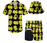 Tuta da uomo in 2 pezzi, camicia hawaiana con bottoni e pantaloncini a compressione, set con cappelli alla pescatora, Paperella in gomma 520, M