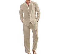 Tuta da uomo in cotone e lino, con bottoni e risvolto, top e pantaloni, leggera, traspirante, estiva, 2 pezzi, abbigliamento da vacanza, abbigliamento casual alla moda per uso quotidiano ed eventi