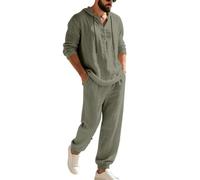 Tuta da uomo in lino, 2 pezzi, leggera, traspirante, per il tempo libero, a maniche lunghe, con cappuccio e bottoni, pantaloni da jogging con coulisse, comoda tuta da casa, O verde dell'esercito, XXL