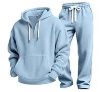 Tuta da uomo in maglia a nido d'ape, 2 pezzi, con cerniera a un quarto, con cappuccio e coulisse in vita, pantaloni a gamba larga, vestibilità regolare (celeste, L)