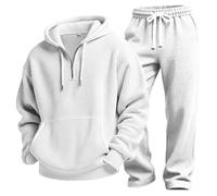 Tuta da uomo in maglia a nido d'ape, 2 pezzi, con cerniera a un quarto, con cappuccio e coulisse in vita, pantaloni a gamba larga, vestibilità regolare (bianco, M)