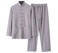 Tuta da uomo per il tempo libero vintage Kung Fu Tai Chi Classico Tangzhuang Tinta unita Tradizionale Cinese Arti Marziali Uniformi Maglietta Lunga e Pantaloni 2 Parti, Tuta Traspirante, O grigio