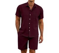 Tuta da uomo, set di due pezzi estivi, per la spiaggia, camicia a maniche corte e pantaloncini in tinta unita, leggera e traspirante