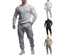 Tuta da uomo Set Jacquard Dolcevita Felpa E Joggers Con Coulisse Set 2 Pezzi Pullover A Maniche Lunghe E Pantaloni Della Tuta Tinta Unita Texture Tuta Leggera Casual Tuta, Cenere Chiaro, S