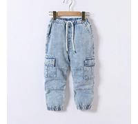 Tuta di jeans da uomo, stile casual di strada retrò, con tasche multiple, vita elastica e coulisse, polsini a costine, taglio morbido e comodo 6Y,7Y,4Y,5YColore unicoDenim