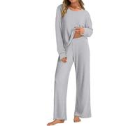 Tuta Donna 2 Pezzi Maglia Autunnale Invernale a Coste Maniche Lunghe con Girocollo e Pantaloni Lunghi a Gamba Larga Casual Elegante Completi Tuta Sportiva Tinta Unita Completo Set per la Casa