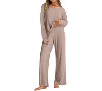 Tuta Donna 2 Pezzi Maglia Autunnale Invernale a Coste Maniche Lunghe con Girocollo e Pantaloni Lunghi a Gamba Larga Casual Elegante Completi Tuta Sportiva Tinta Unita Completo Set per la Casa