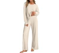 Tuta Donna 2 Pezzi Maglia Autunnale Invernale a Coste Maniche Lunghe con Girocollo e Pantaloni Lunghi a Gamba Larga Casual Elegante Completi Tuta Sportiva Tinta Unita Completo Set per la Casa