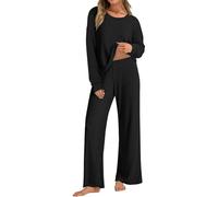 Tuta Donna 2 Pezzi Maglia Autunnale Invernale a Coste Maniche Lunghe con Girocollo e Pantaloni Lunghi a Gamba Larga Casual Elegante Completi Tuta Sportiva Tinta Unita Completo Set per la Casa