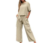 Tuta Donna Completa Cotone e Lino Estivo Completi di Pantaloni Due Pezzi Casual Completo Elegante Moda Manica Corta Camicia e Pantaloni Lunghi Abbigliamento Taglie Forti Comoda Tute da Spiaggia