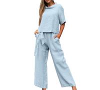 Tuta Donna Completa Cotone e Lino Estivo Completi di Pantaloni Due Pezzi Casual Completo Elegante Moda Manica Corta Camicia e Pantaloni Lunghi Abbigliamento Taglie Forti Comoda Tute da Spiaggia