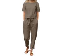 Tuta Donna Completa Cotone e Lino Estivo Completi di Pantaloni Due Pezzi Casual Completo Elegante Moda Manica Corta Camicia e Pantaloni Lunghi Abbigliamento Taglie Forti Comoda Tute da Spiaggia