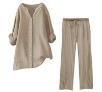 Tuta Donna Completa Cotone e Lino Leggera Completo Elegante Tute Taglie Forti Set Tinta Unita Camicia e Pantaloni a Gamba Larga Traspiranti Completi Comodo