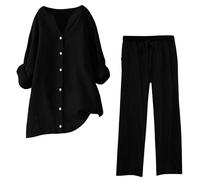 Tuta Donna Completa Di Lino 2 Pezzi Pantalone Lungo Estivo Tuta Elegante Completo Casual Set Estiva Camicia E Pantaloni Cotone Completi Leggera Comodi Tute Curvy Taglie Forti Tinta Unita Da Spiaggia