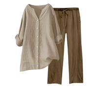 Tuta Donna Completa Di Lino 2 Pezzi Pantalone Lungo Estivo Tuta Elegante Completo Casual Set Estiva Camicia E Pantaloni Cotone Completi Leggera Comodi Tute Curvy Taglie Forti Tinta Unita Da Spiaggia