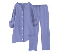 Tuta Donna Completa Di Lino 2 Pezzi Pantalone Lungo Estivo Tuta Elegante Completo Casual Set Estiva Camicia E Pantaloni Cotone Completi Leggera Comodi Tute Curvy Taglie Forti Tinta Unita Da Spiaggia