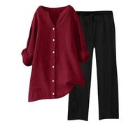 Tuta Donna Completa Di Lino 2 Pezzi Pantalone Lungo Estivo Tuta Elegante Completo Casual Set Estiva Camicia E Pantaloni Cotone Completi Leggera Comodi Tute Curvy Taglie Forti Tinta Unita Da Spiaggia