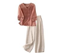 Tuta Donna Completa in Cotone E Lino 2 Pezzi Tute Da Ginnastica Tinta Unita Manica Lunga Camicie + Pantaloni Lino Completa Larghi Tuta Estiva Confortevole Due Pezzi Regalo per Festa della Mamma