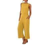 Tuta Donna Elegante Estiva Completo Due Pezzi Tuta Senza Maniche In Cotone E Lino Canotta E Pantaloni Tuta Donna Completa Lunghi Casual Tute Per Il Tempo Libero, Con Tasche, Leggero, Tinta Unita