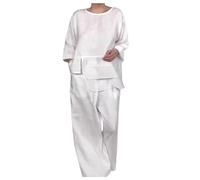 Tuta Donna Elegante Top Collo Tondo in Raso a Strati e Pantaloni Larghi Moda Serata Autunno Inverno Tessuto Lucido