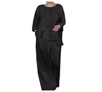 Tuta Donna Elegante Top Collo Tondo in Raso a Strati e Pantaloni Larghi Moda Serata Autunno Inverno Tessuto Lucido